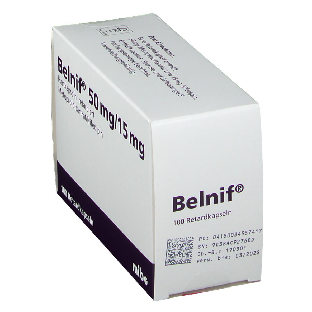 Weiße Schachtel mit Belnif-Aufdruck. Enthält 100 Retardkapseln. Aufdruck: 50 mg/15 mg, Metoprololtartrat/Nifedipin. Mit Barcode und Chargennummer.