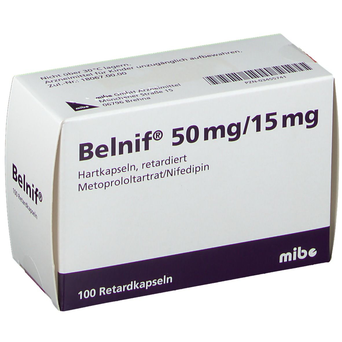 Weiße Schachtel mit Belnif-Aufdruck. Enthält 100 Retardkapseln. Aufdruck: 50 mg/15 mg, Metoprololtartrat/Nifedipin. Mit Adresse des Herstellers.