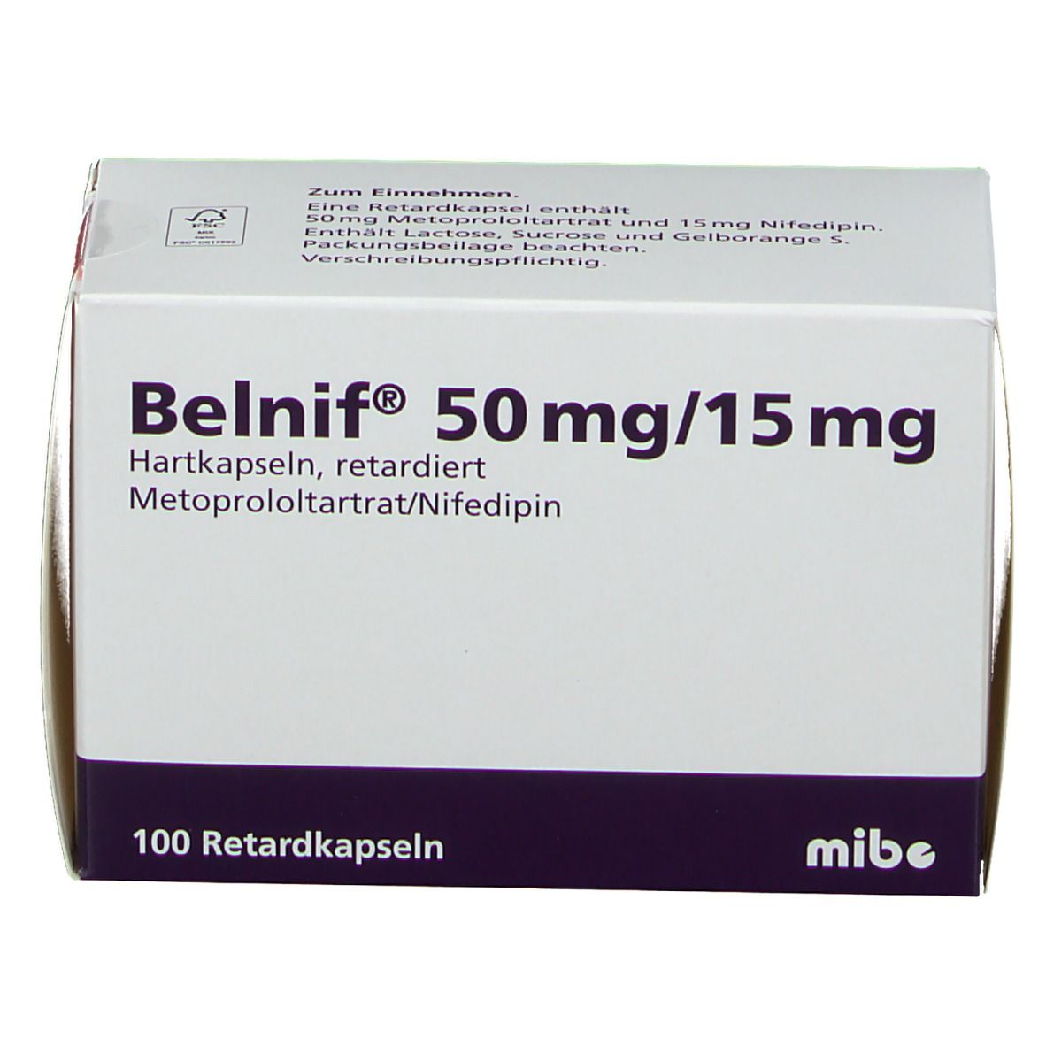 Weiße Schachtel mit Belnif-Aufdruck. Enthält 100 Retardkapseln. Aufdruck: 50 mg/15 mg, Metoprololtartrat/Nifedipin. Mit Logo des Herstellers.