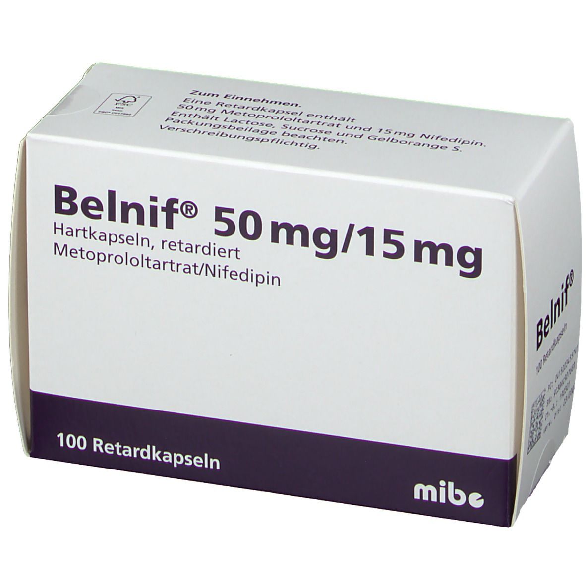 Weiße Schachtel mit Belnif-Aufdruck. Enthält 100 Retardkapseln. Aufdruck: 50 mg/15 mg, Metoprololtartrat/Nifedipin. Mit Logo des Herstellers.