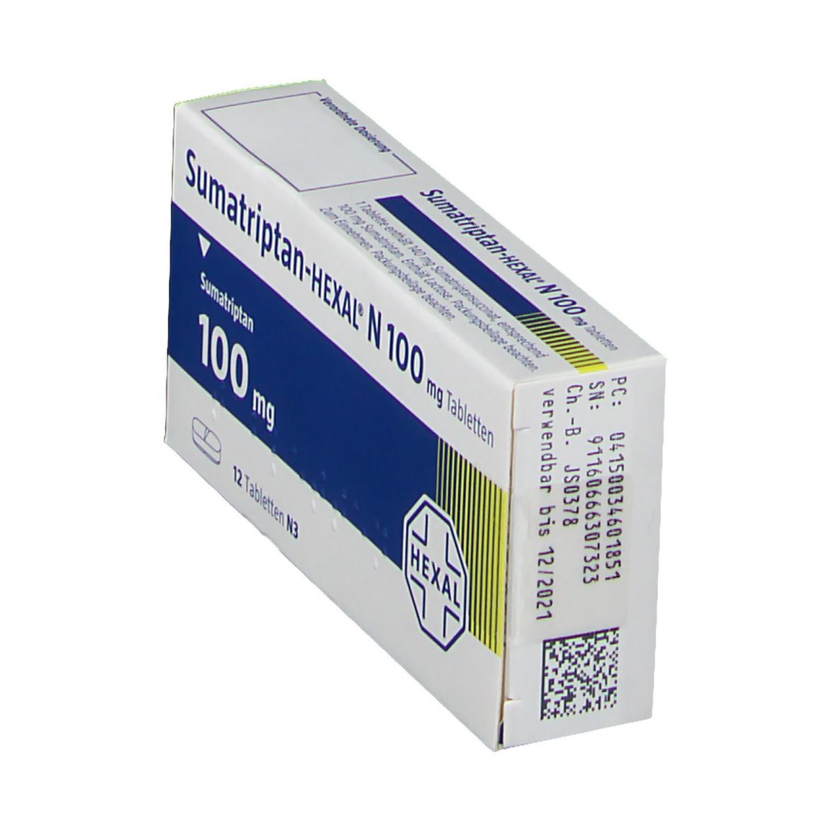 Schachtel Sumatriptan-HEXAL N 100 mg Tabletten. Blaue und weiße Verpackung, HEXAL-Logo. 12 Tabletten. Detailansicht mit Chargennummer und Verfallsdatum.