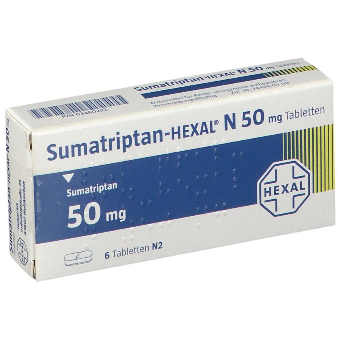 Schachtel mit SUMATRIPTAN-HEXAL N 50 mg Tabletten. Blaue und weiße Verpackung mit Produktnamen, Dosierung und Hexal-Logo. 6 Tabletten.