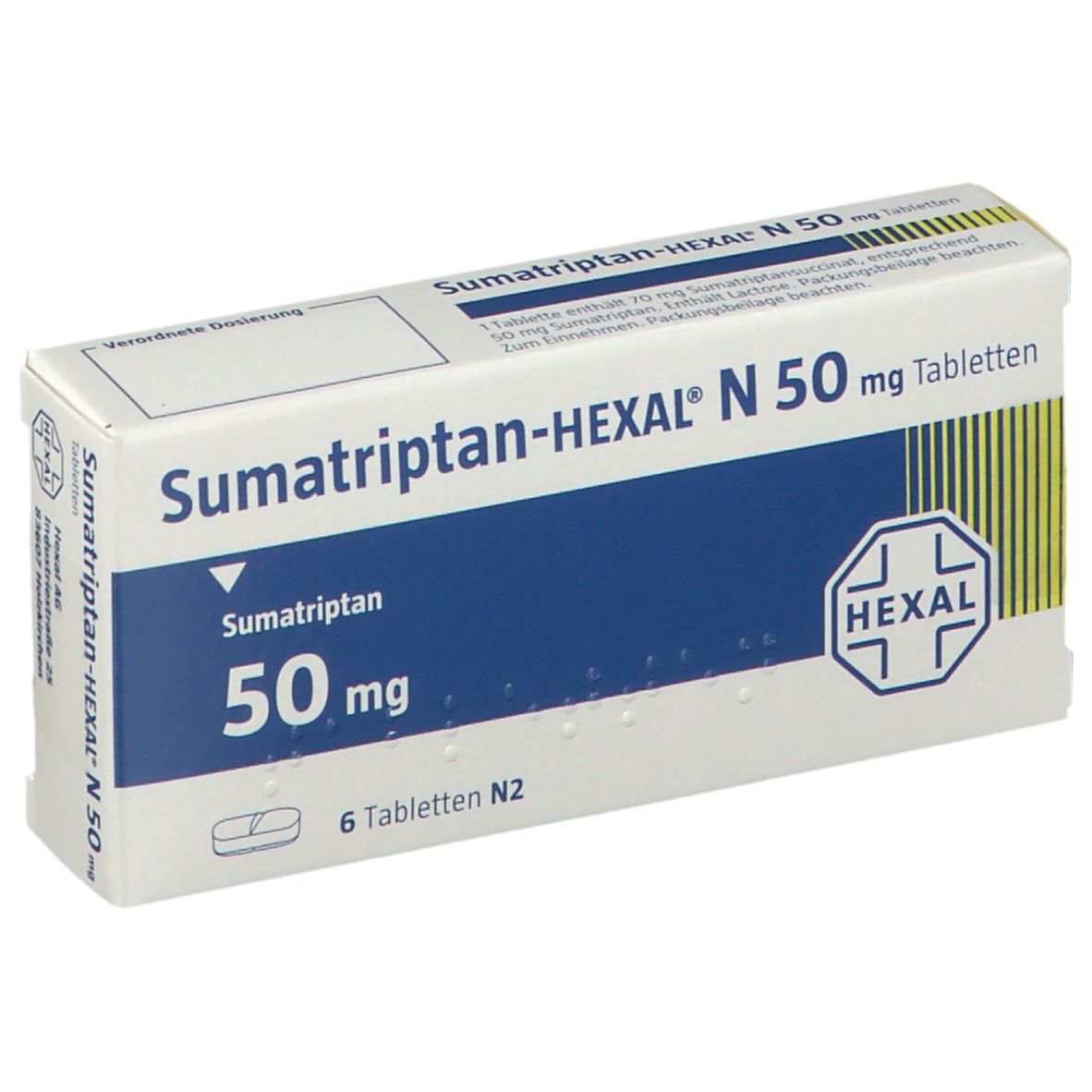 Schachtel SUMATRIPTAN-HEXAL N 50 mg Tabletten. Blaue und weiße Verpackung. Produktname, Dosierung und Hexal-Logo. 6 Tabletten.