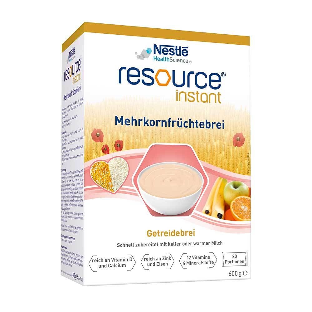 Verpackung von RESOURCE® Instant Mehrkornfrüchtebrei. Enthält 20 Portionen. Mit Vitaminen und Mineralstoffen.