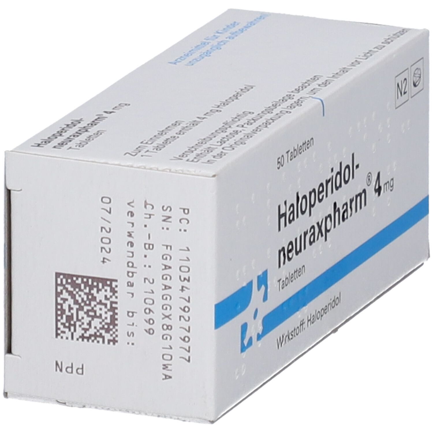 Seitenansicht der Haloperidol-neuraxpharm® 4 mg Tablettenpackung mit Chargennummer und Verfallsdatum.