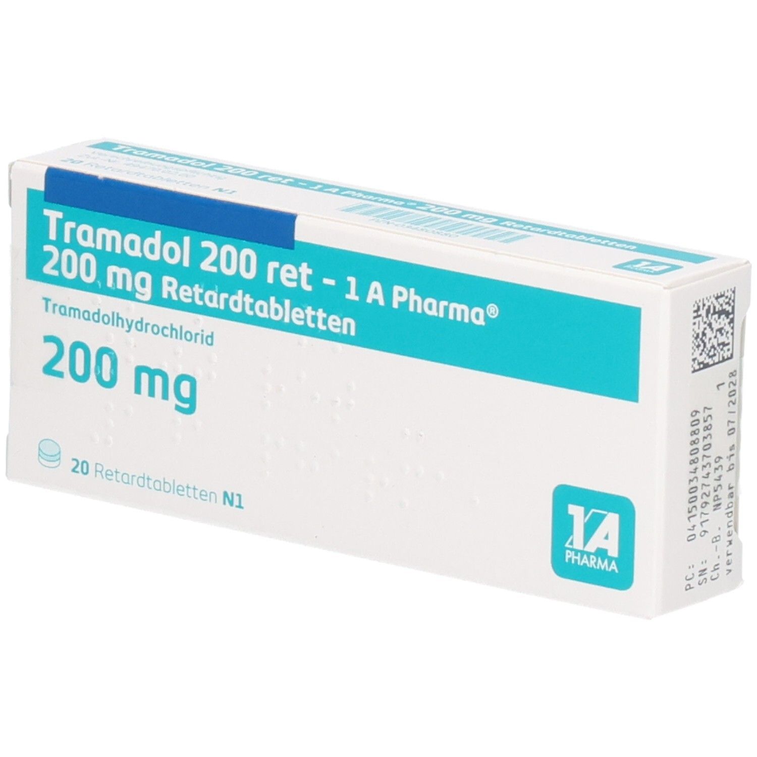 Schachtel mit Tabletten. Aufschrift: Tramadol 200 ret - 1 A Pharma, 200 mg Retardtabletten, 200 mg. Logo: 1 A Pharma.