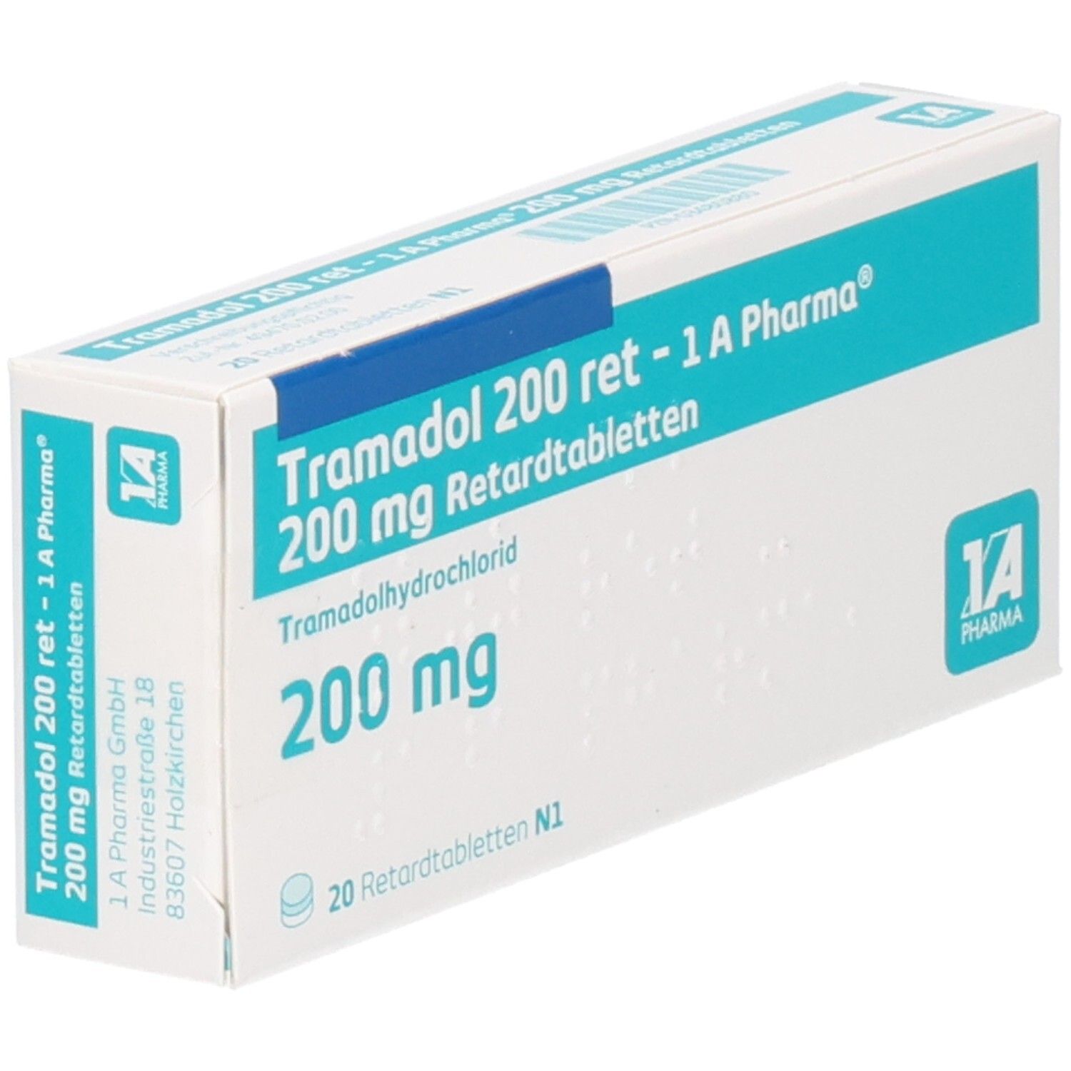 Tablettenschachtel, weiß mit blauer Schrift. Aufschrift: Tramadol 200 ret - 1 A Pharma, 200 mg Retardtabletten, 200 mg. Logo: 1 A Pharma.