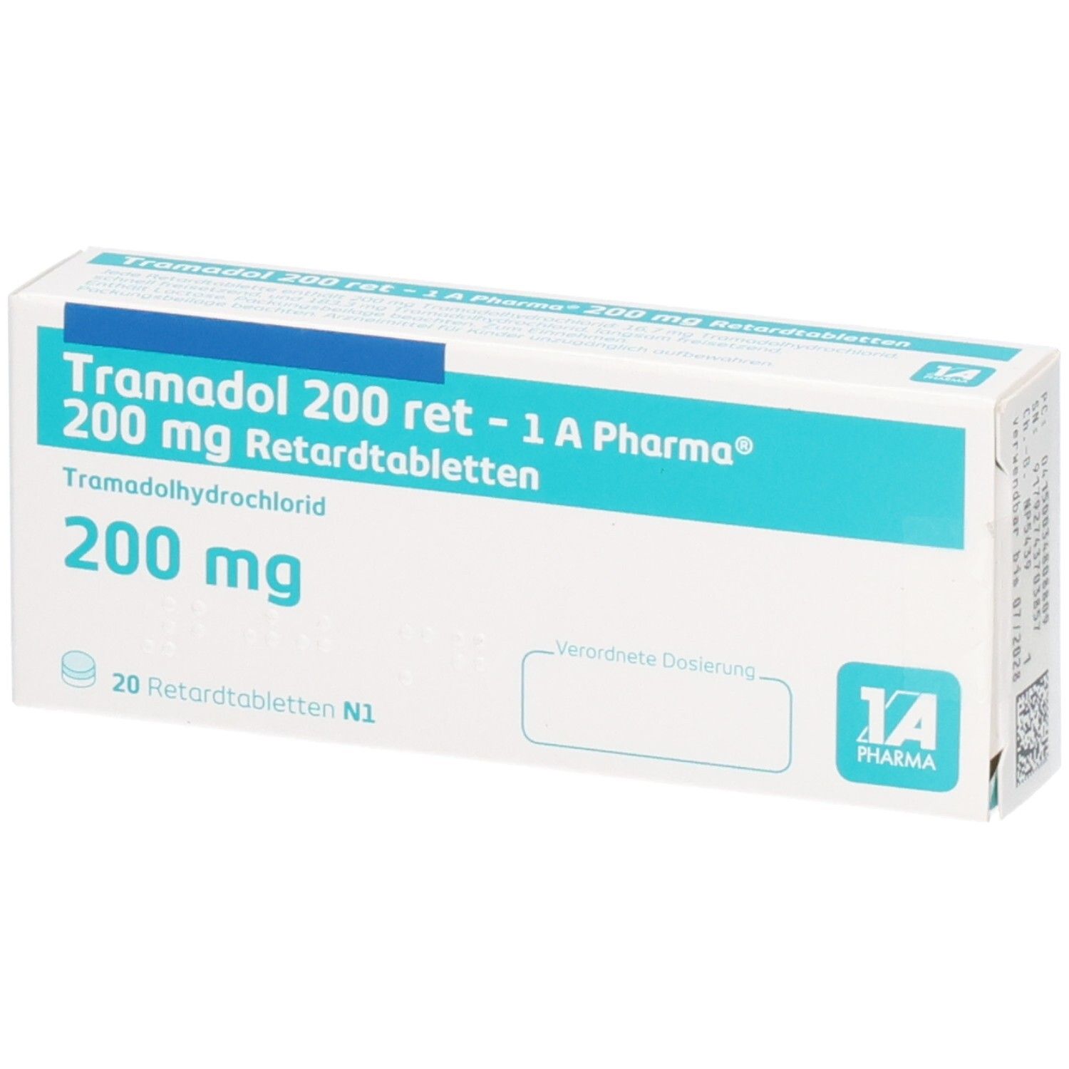 Tablettenschachtel, weiß mit blauer Schrift. Aufschrift: Tramadol 200 ret - 1 A Pharma, 200 mg Retardtabletten, 200 mg. Logo: 1 A Pharma.
