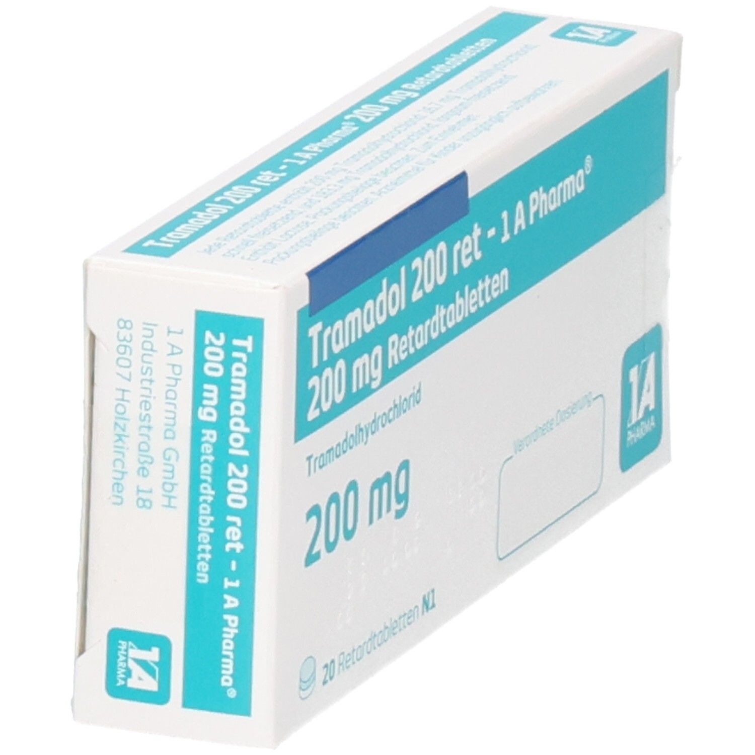Tablettenschachtel, weiß mit blauer Schrift. Aufschrift: Tramadol 200 ret - 1 A Pharma, 200 mg Retardtabletten, 200 mg. Logo: 1 A Pharma.