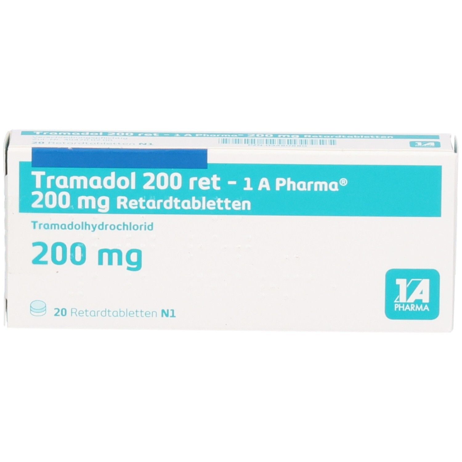 Tablettenschachtel, weiß mit blauer Schrift. Aufschrift: Tramadol 200 ret - 1 A Pharma, 200 mg Retardtabletten, 200 mg. Logo: 1 A Pharma.