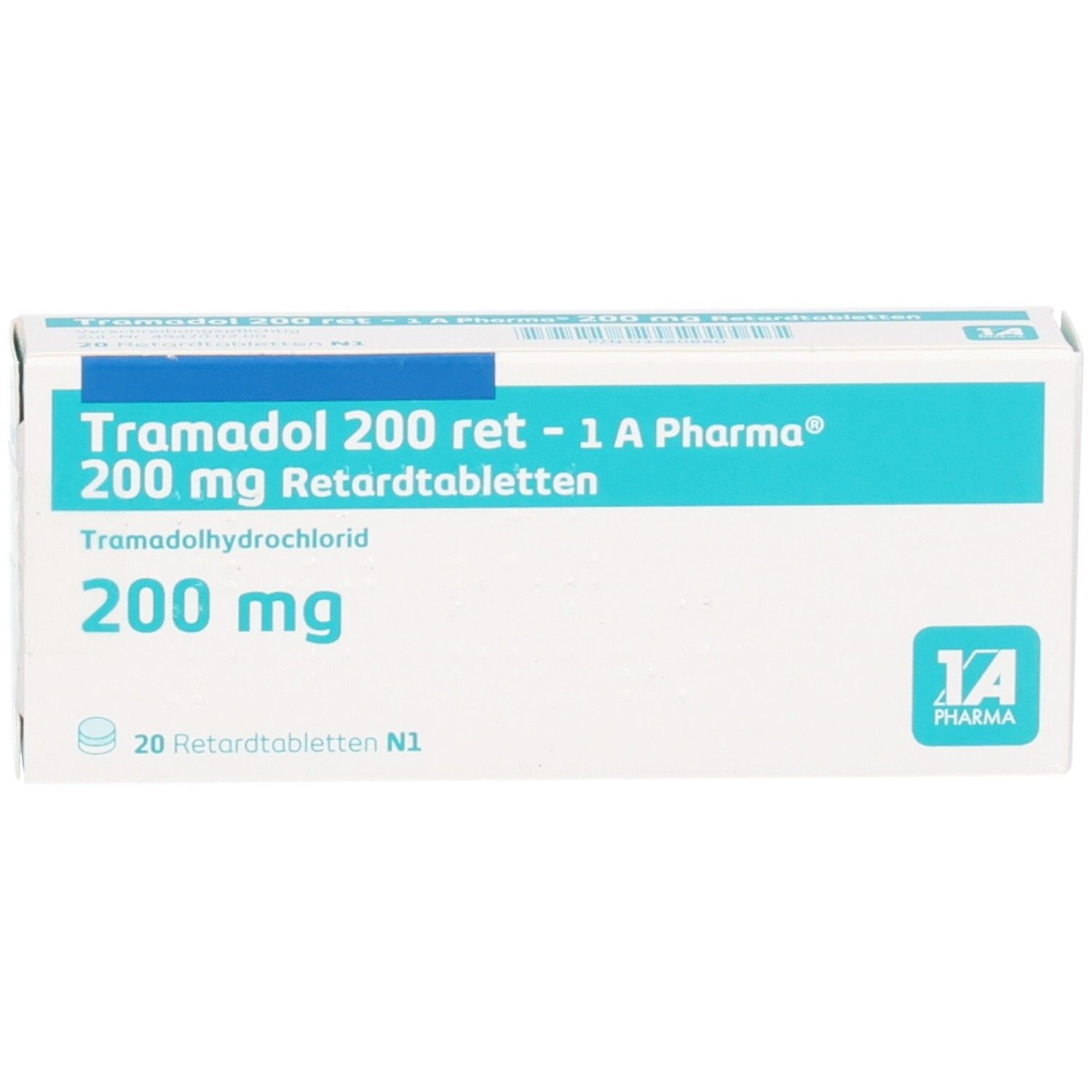 Tablettenschachtel, weiß mit blauer Schrift. Aufschrift: Tramadol 200 ret - 1 A Pharma, 200 mg Retardtabletten, 200 mg. Logo: 1 A Pharma.
