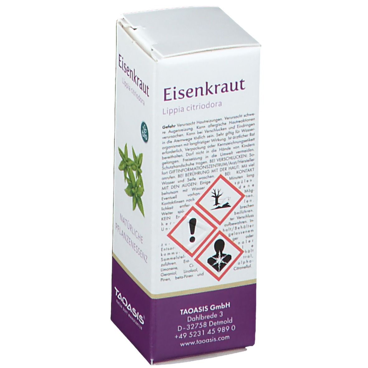 Karton mit Produktnamen Eisenkraut, grüne Blätter, Bio-Siegel, Gefahrensymbole, TAOASIS Logo.