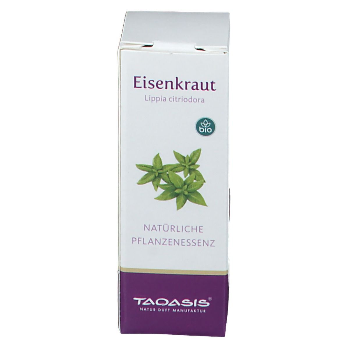 Karton mit Produktnamen Eisenkraut, grüne Blätter-Illustration, Bio-Siegel, TAOASIS Logo.