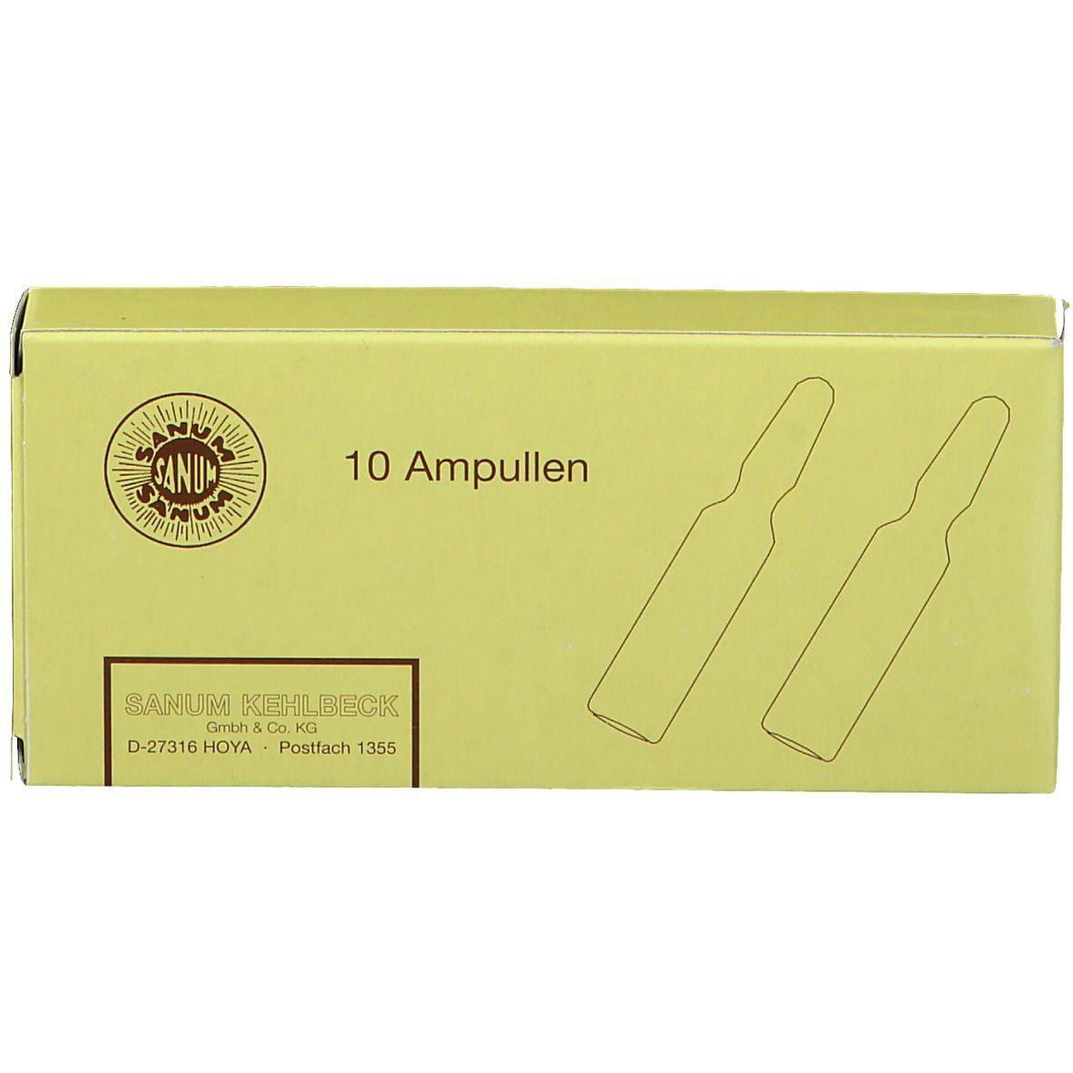 Schachtel mit 10 Ampullen. Aufdruck: Sanum-Kehlbeck. Zwei Ampullen-Silhouetten.