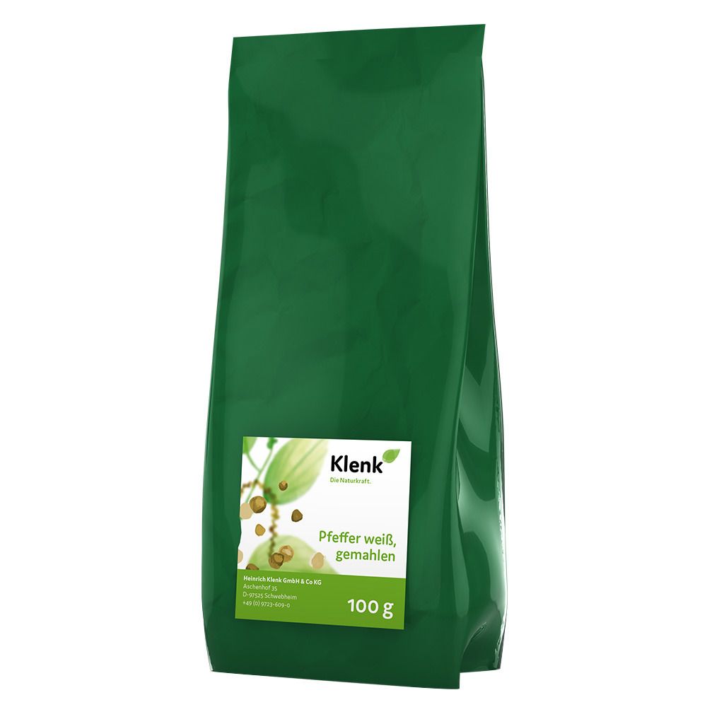 Grüne Tüte mit weißem Etikett. Aufschrift: Klenk, Pfeffer weiß, gemahlen, 100 g.