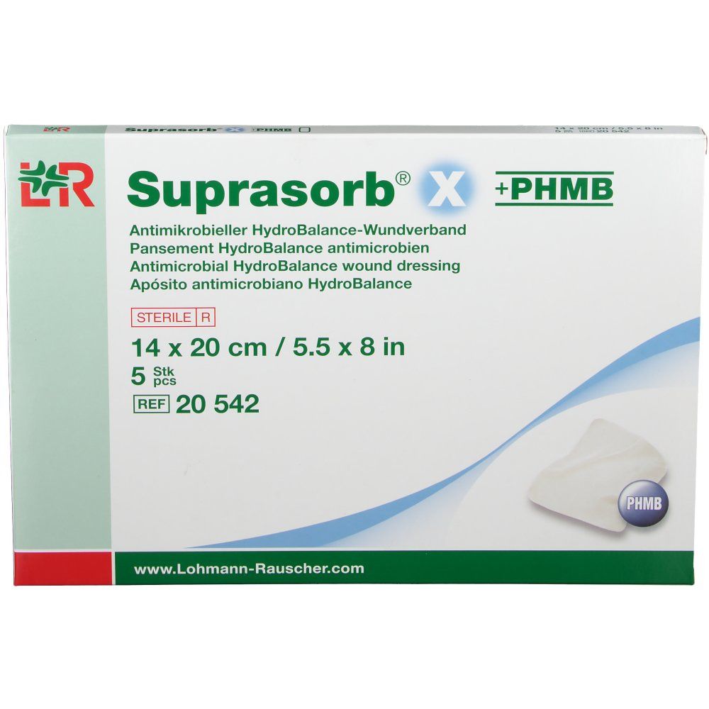 Verpackung mit Produktnamen und Größenangabe. Enthält 5 Stück. Sterile Kompressen.