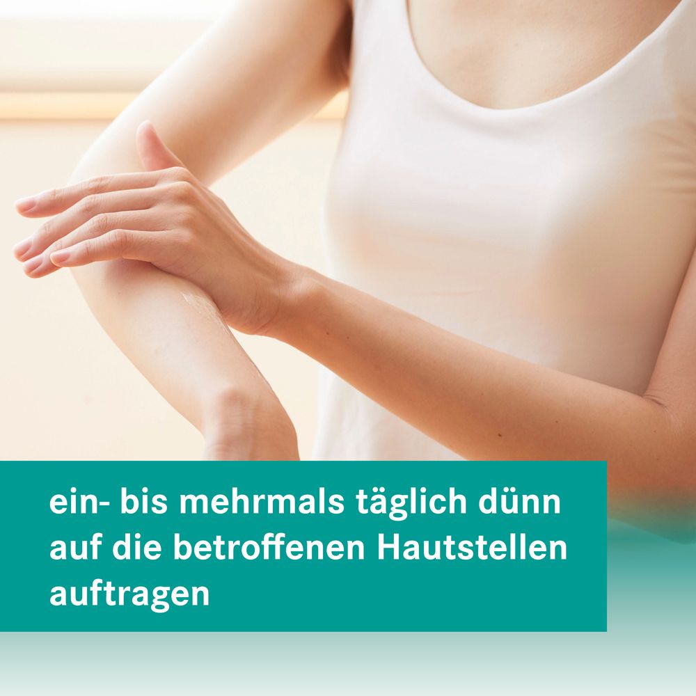 Arm mit Hand. Text: ein- bis mehrmals täglich dünn auf die betroffenen Hautstellen auftragen.