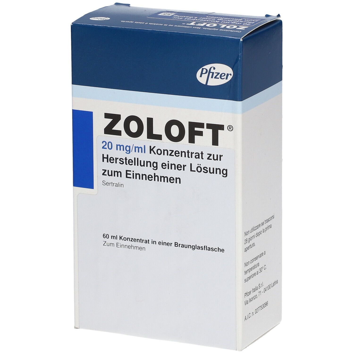 Zoloft-Verpackung. Blaue und weiße Schachtel mit Produktnamen und Dosierung. Pfizer-Logo oben.