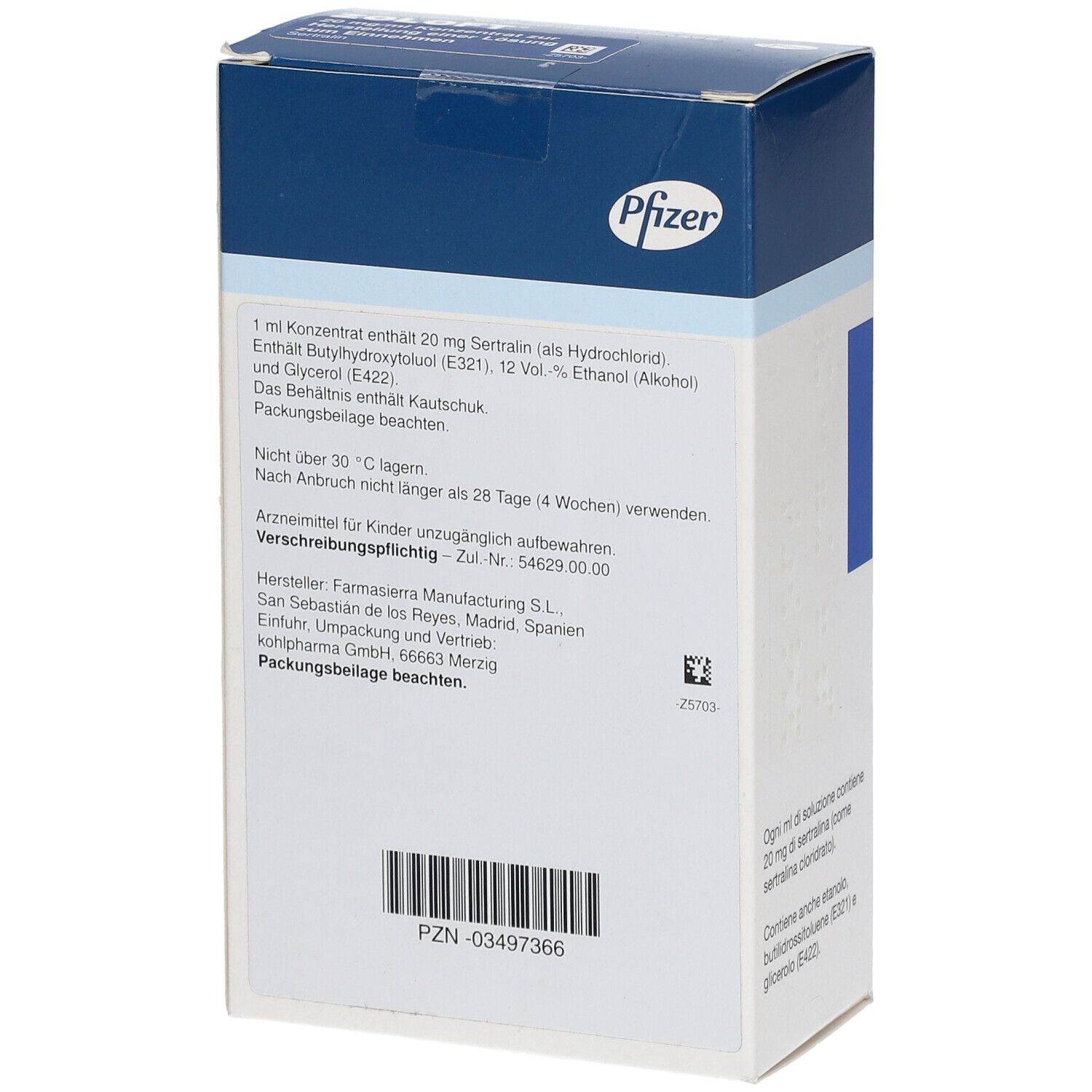 Rückseite der Zoloft-Verpackung. Text mit Inhaltsstoffen, Herstellerinformationen und PZN-Code.