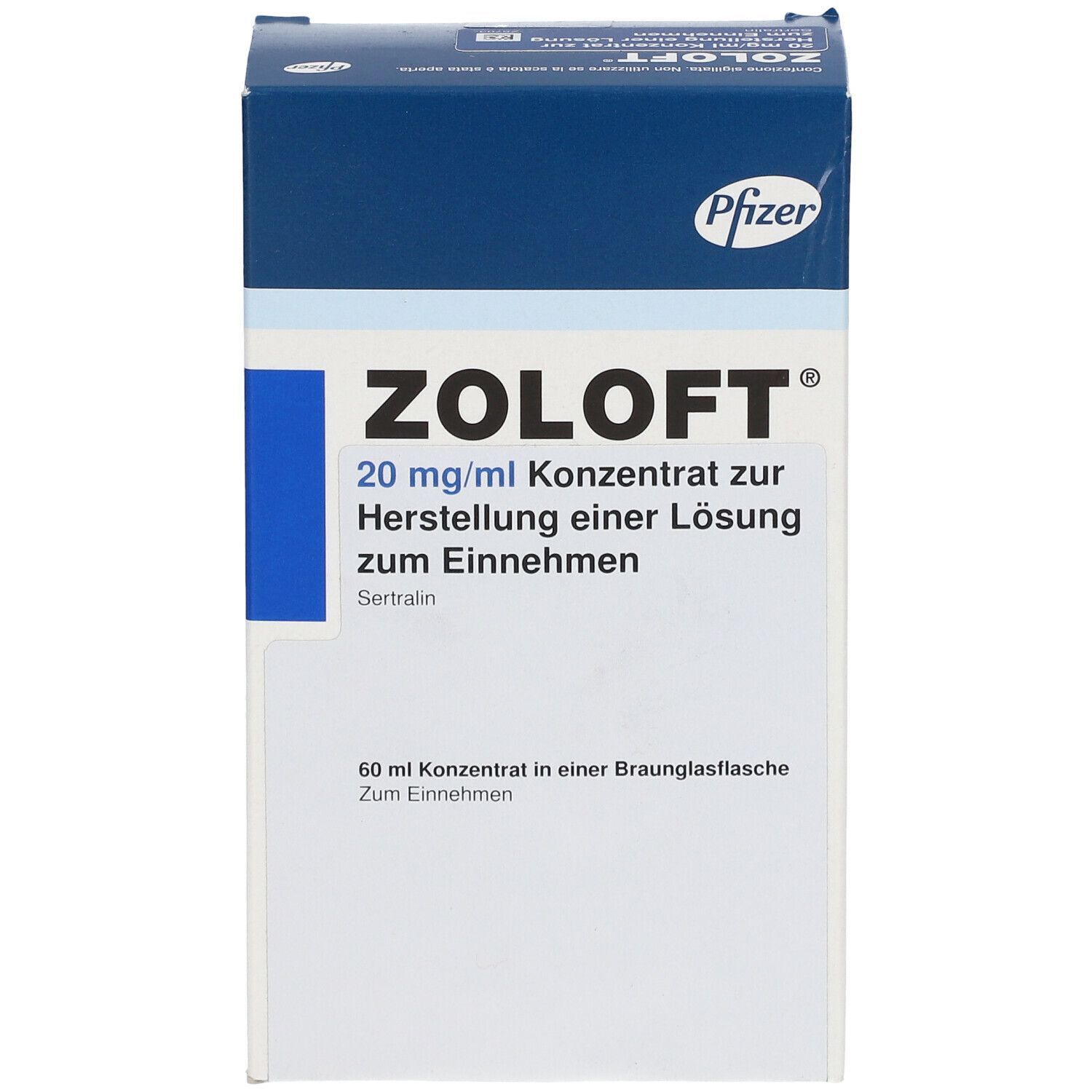 Zoloft-Verpackung. Blaue und weiße Schachtel mit Produktnamen und Dosierung. Pfizer-Logo oben.