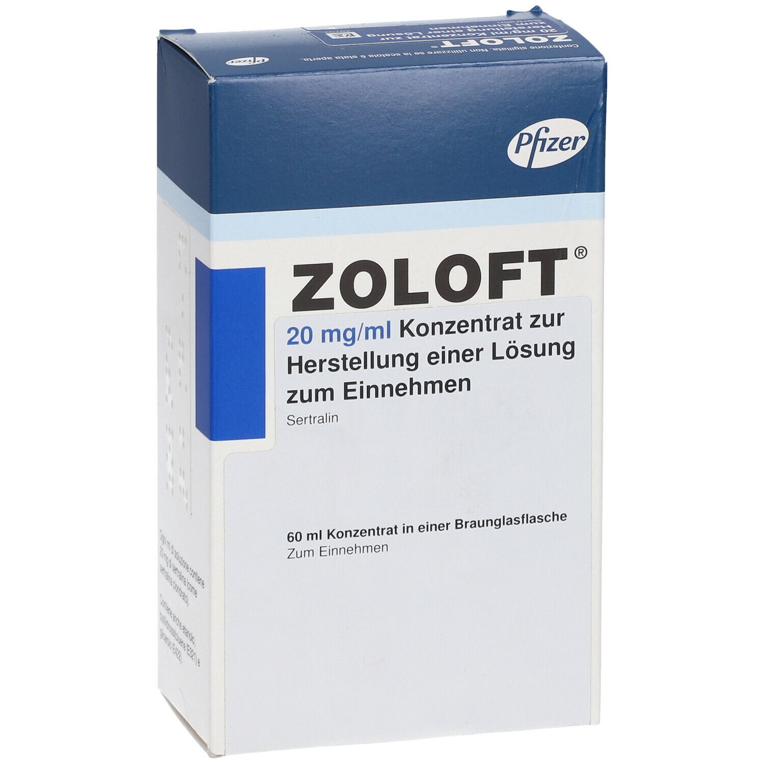 Zoloft-Verpackung. Blaue und weiße Schachtel mit Produktnamen und Dosierung. Pfizer-Logo oben.