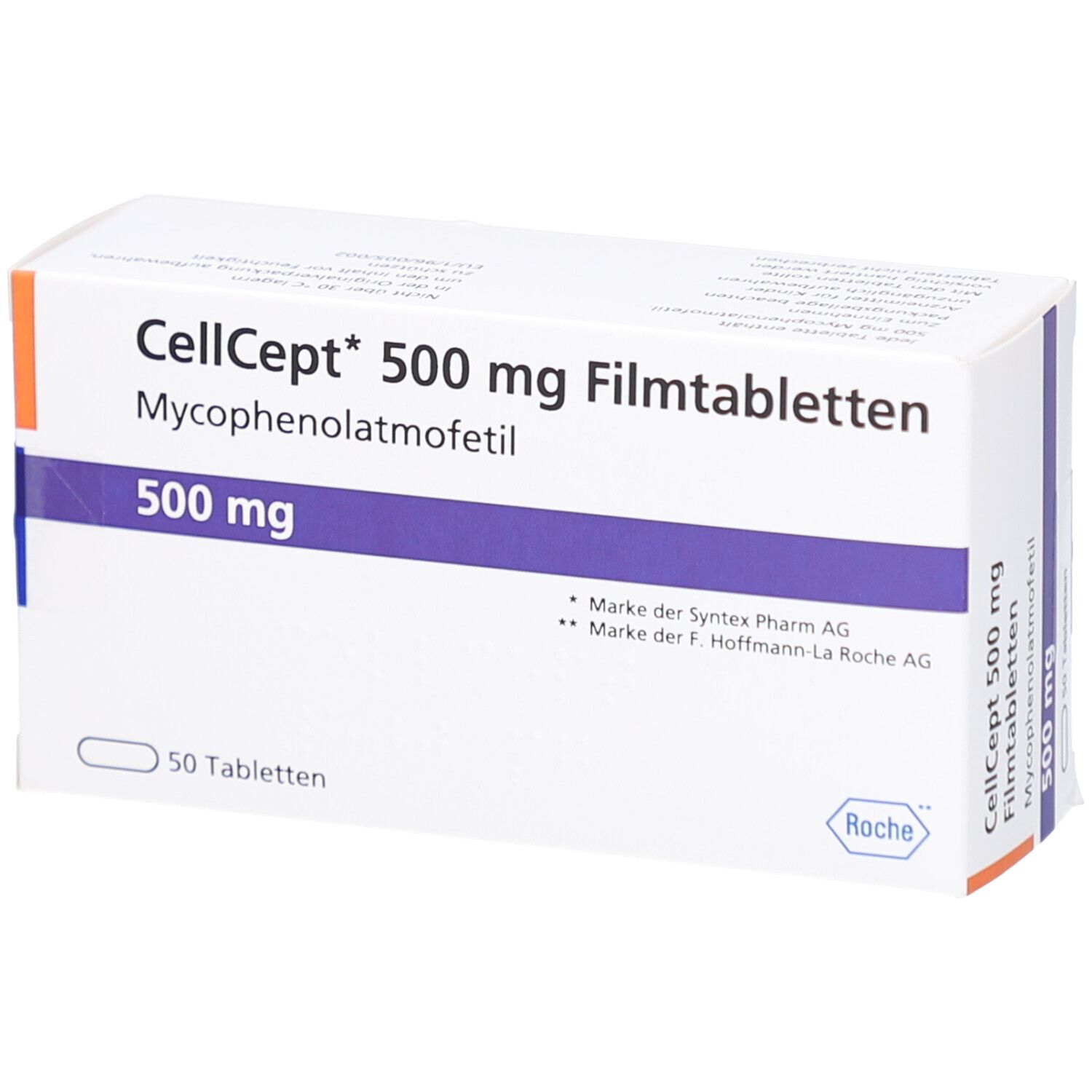 CellCept 500 mg Filmtabletten-Packung. Weiße Schachtel mit blauer und orangefarbener Beschriftung. 50 Tabletten.