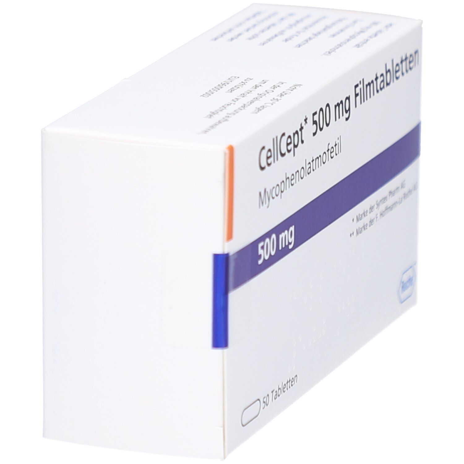 CellCept 500 mg Filmtabletten-Packung. Weiße Schachtel mit blauer und orangefarbener Beschriftung. Seitenansicht.