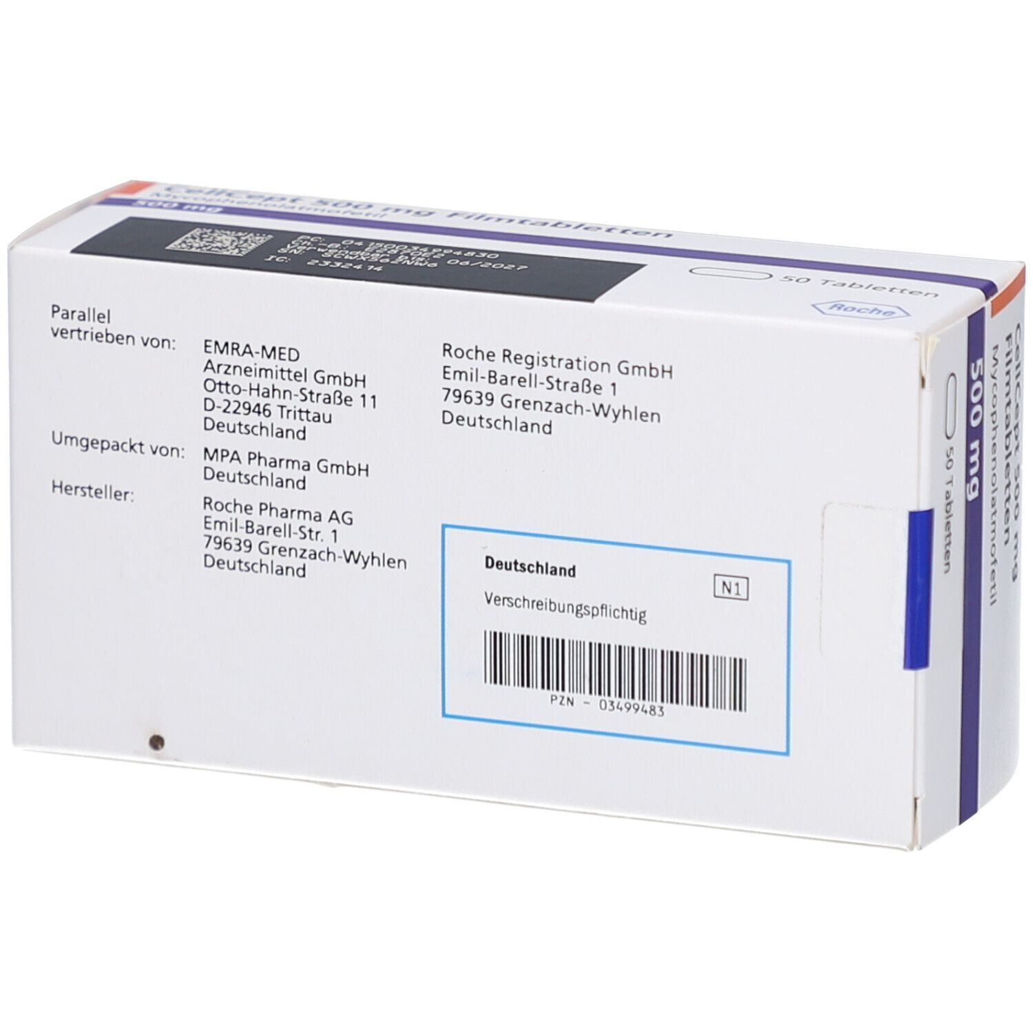 Rückseite der CellCept 500 mg Filmtabletten-Packung. Enthält Informationen zu Hersteller und Vertrieb.