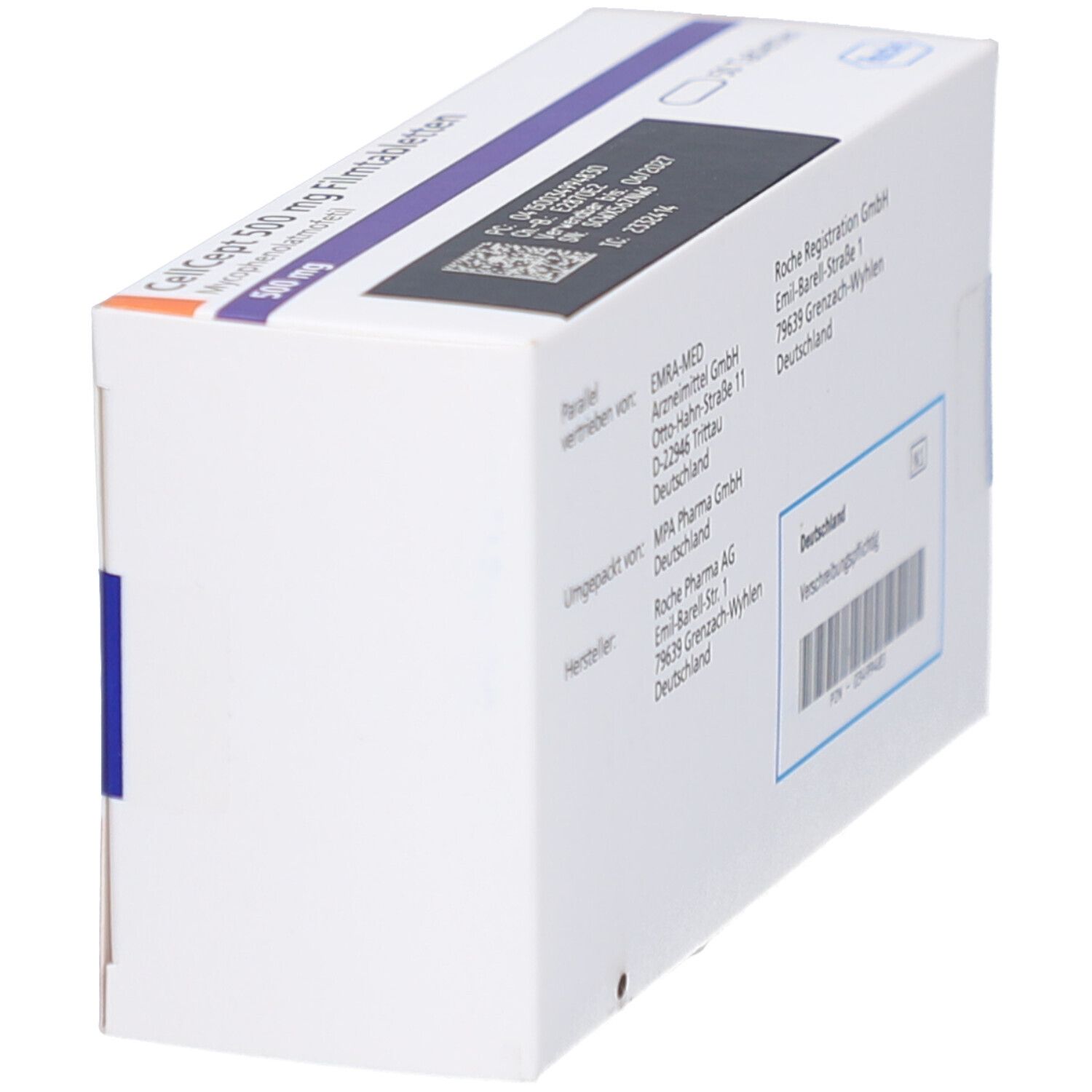 CellCept 500 mg Filmtabletten-Packung. Weiße Schachtel mit blauer und orangefarbener Beschriftung. Seitenansicht mit Barcode.