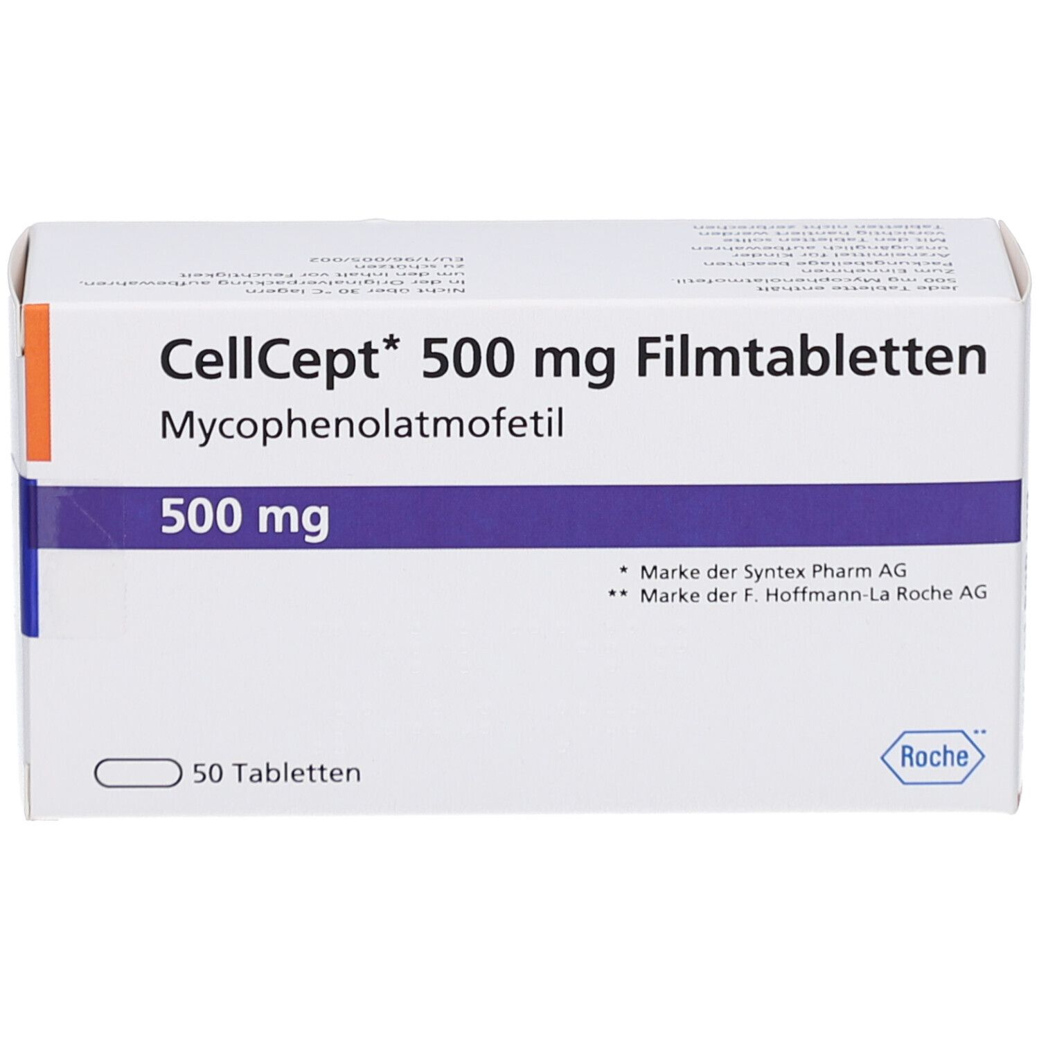 CellCept 500 mg Filmtabletten-Packung. Weiße Schachtel mit blauer und orangefarbener Beschriftung. 50 Tabletten.