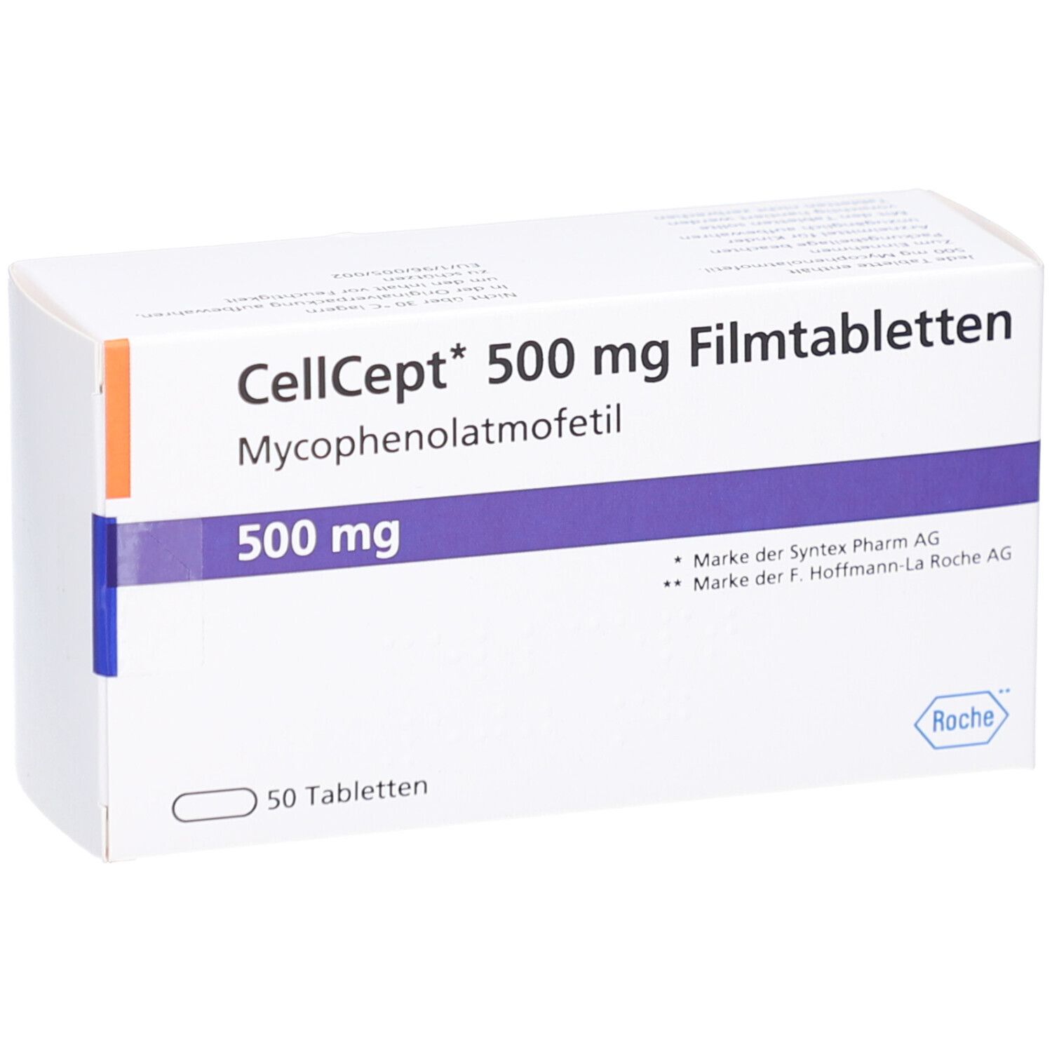 CellCept 500 mg Filmtabletten-Packung. Weiße Schachtel mit blauer und orangefarbener Beschriftung. 50 Tabletten.