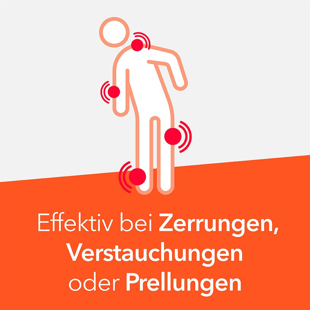 Grafik: Person mit roten Punkten an Gelenken. Text: Effektiv bei Zerrungen, Verstauchungen oder Prellungen.