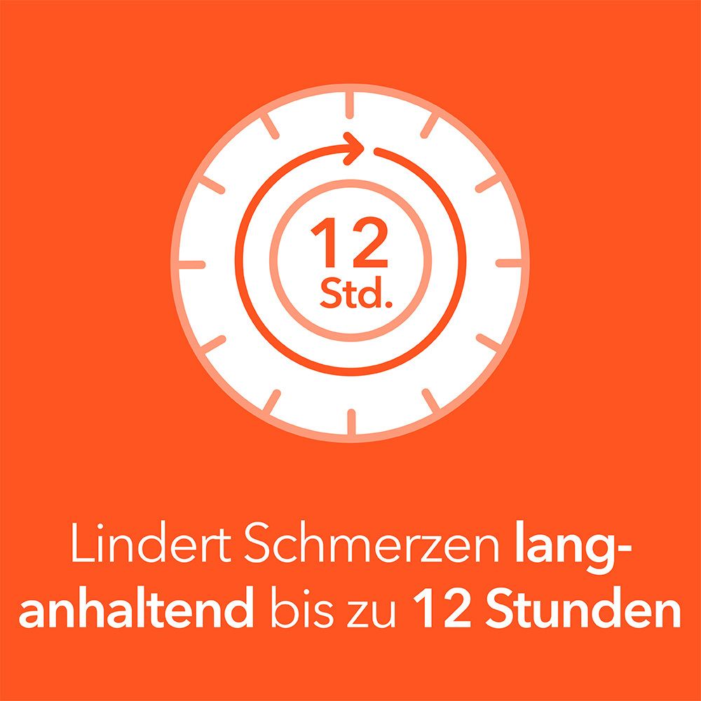 Grafik: Uhr mit 12 Std. Text: Lindert Schmerzen lang anhaltend bis zu 12 Stunden.