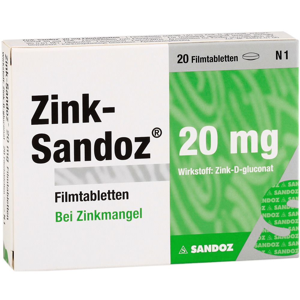 Schachtel mit Zink-Sandoz 20 mg Filmtabletten. Aufschrift: 20 Filmtabletten, Bei Zinkmangel. Wirkstoff: Zink-D-gluconat. Marke: Sandoz.