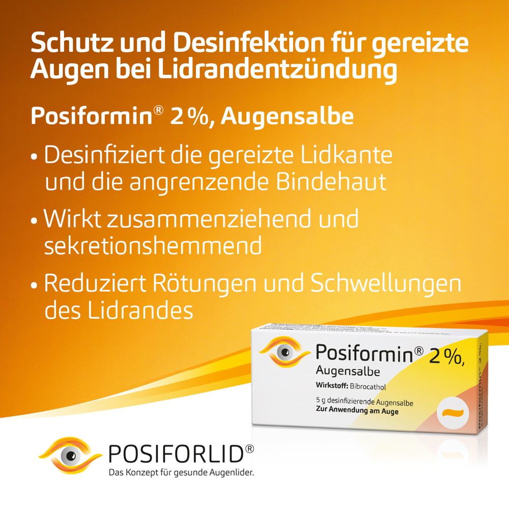 Werbebild für Posiformin 2% Augensalbe. Text: Schutz und Desinfektion für gereizte Augen. Produktabbildung und Text.