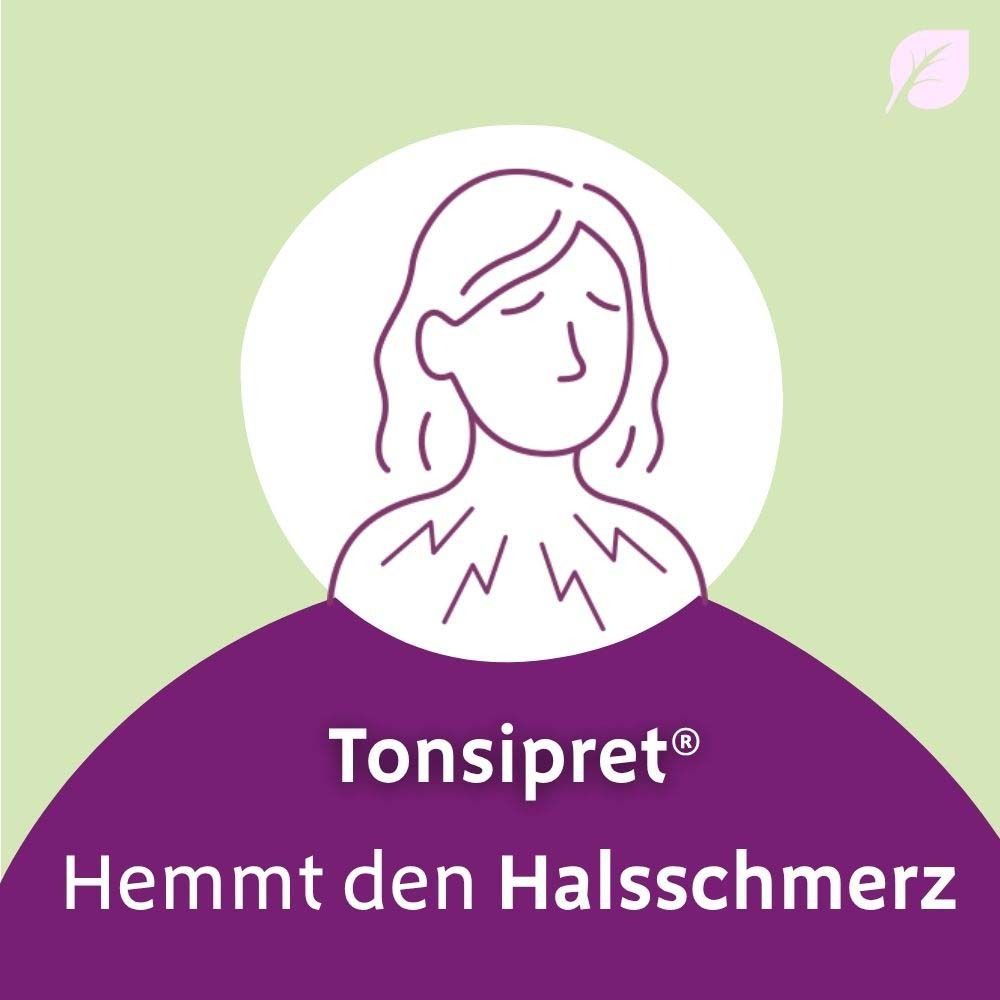 Grafik einer Frau mit Halsschmerzen. Text: Tonsipret® hemmt den Halsschmerz.