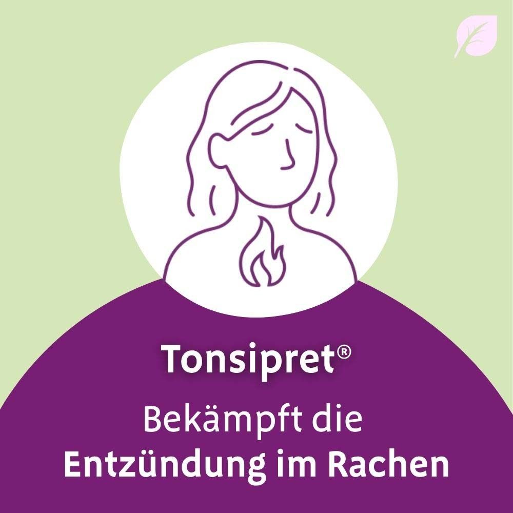 Illustration einer Frau mit Halsschmerzen. Text: Tonsipret, bekämpft Entzündung im Rachen. Lila Hintergrund.