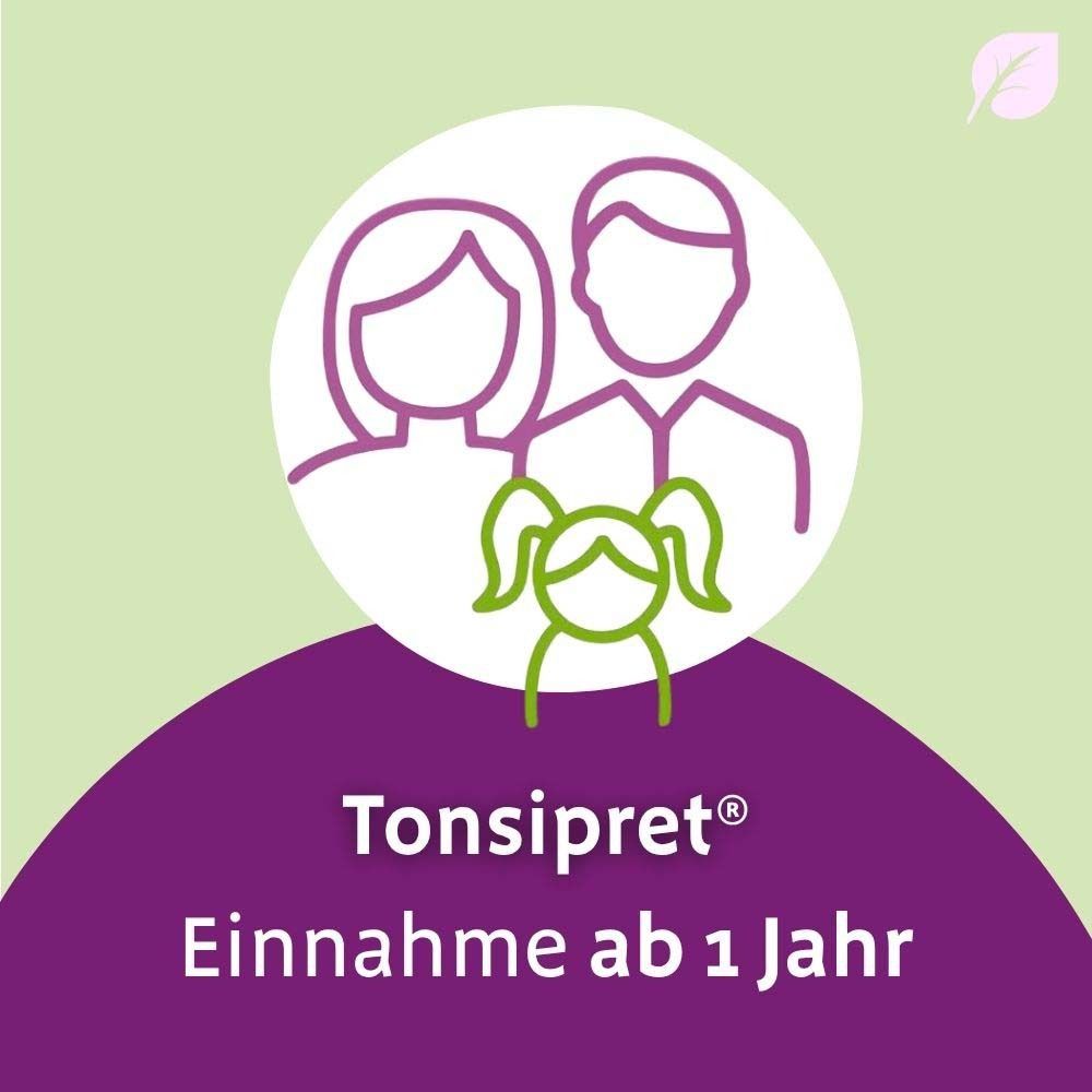 Illustration einer Familie. Text: Tonsipret, Einnahme ab 1 Jahr. Lila Hintergrund.