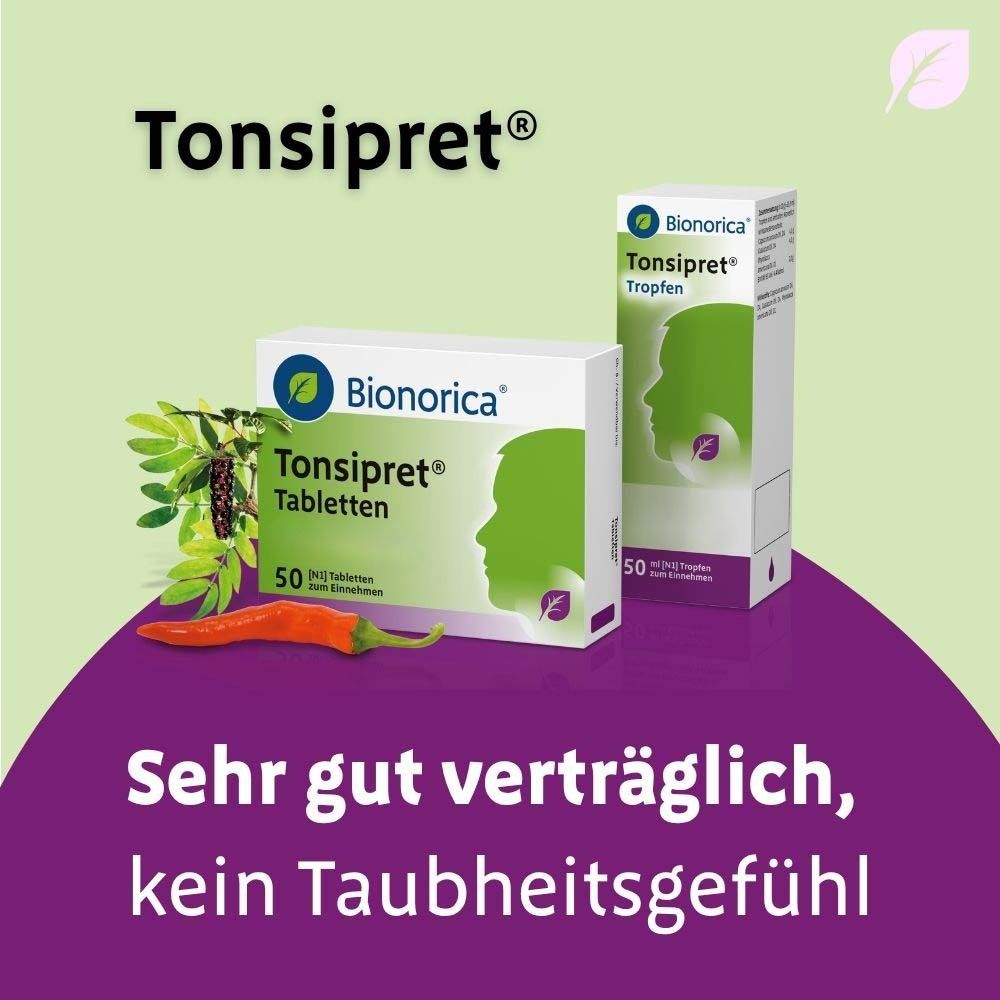 Tonsipret Tabletten und Tropfen. Text: Sehr gut verträglich, kein Taubheitsgefühl. Lila Hintergrund.