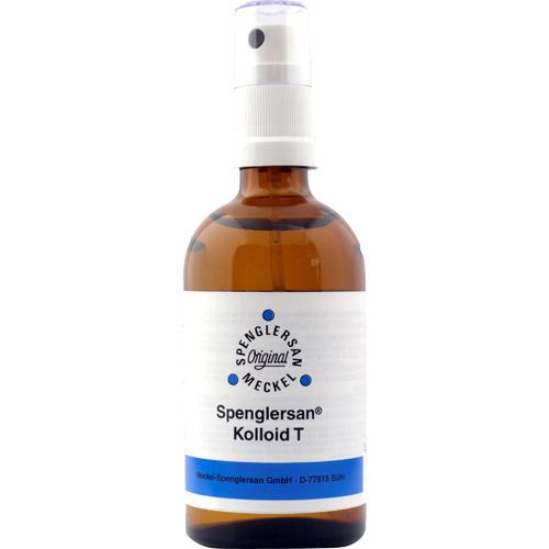 Braune Glasflasche mit weißem Etikett und Sprühkopf. Beschriftung: Spenglersan Kolloid T. Original Meckel.
