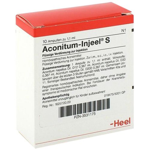 Karton mit rotem Deckel. Beschriftung: Aconitum-Injeel S, 10 Ampullen. Marke: Heel.