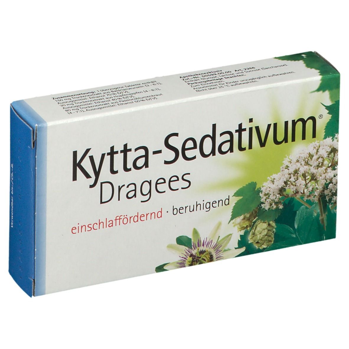 Kytta-Sedativum Dragees-Packung. Weiß, blau und grün. Schriftzug: Kytta-Sedativum Dragees, einschlaffördernd, beruhigend.
