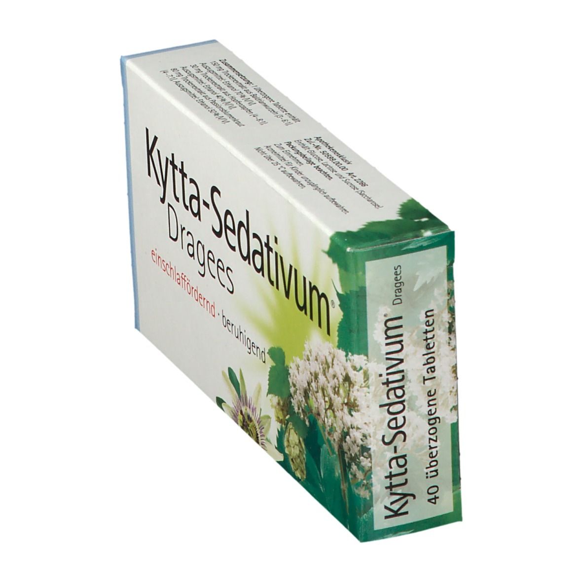 Kytta-Sedativum Dragees-Packung. Weiß, blau und grün. Schriftzug: Kytta-Sedativum Dragees, einschlaffördernd, beruhigend.