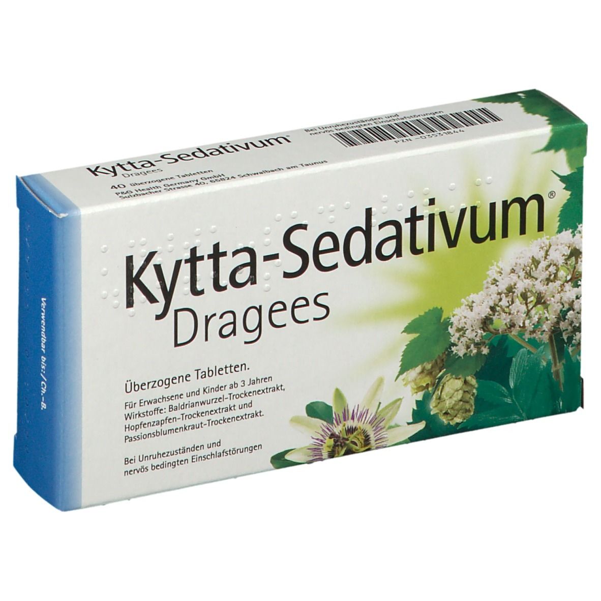 Kytta-Sedativum Dragees-Packung. Weiß, blau und grün. Schriftzug: Kytta-Sedativum Dragees, einschlaffördernd, beruhigend.
