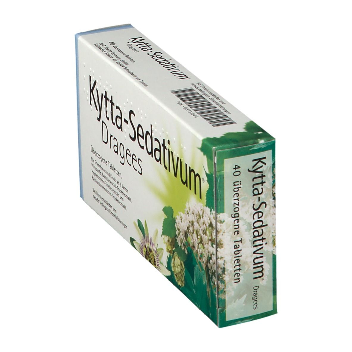 Kytta-Sedativum Dragees-Packung. Weiß, blau und grün. Schriftzug: Kytta-Sedativum Dragees, einschlaffördernd, beruhigend.