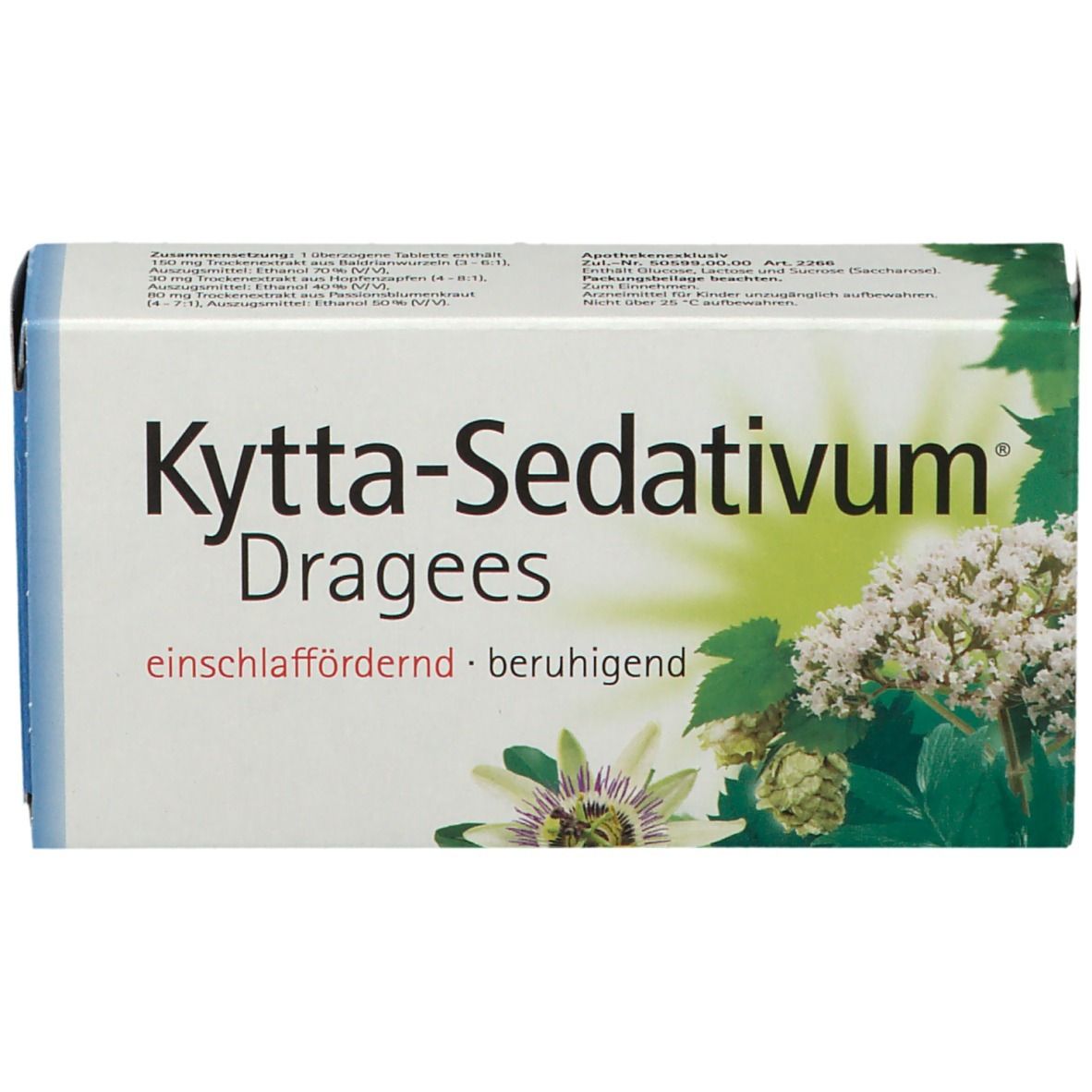 Kytta-Sedativum Dragees-Packung. Weiß, blau und grün. Schriftzug: Kytta-Sedativum Dragees, einschlaffördernd, beruhigend.