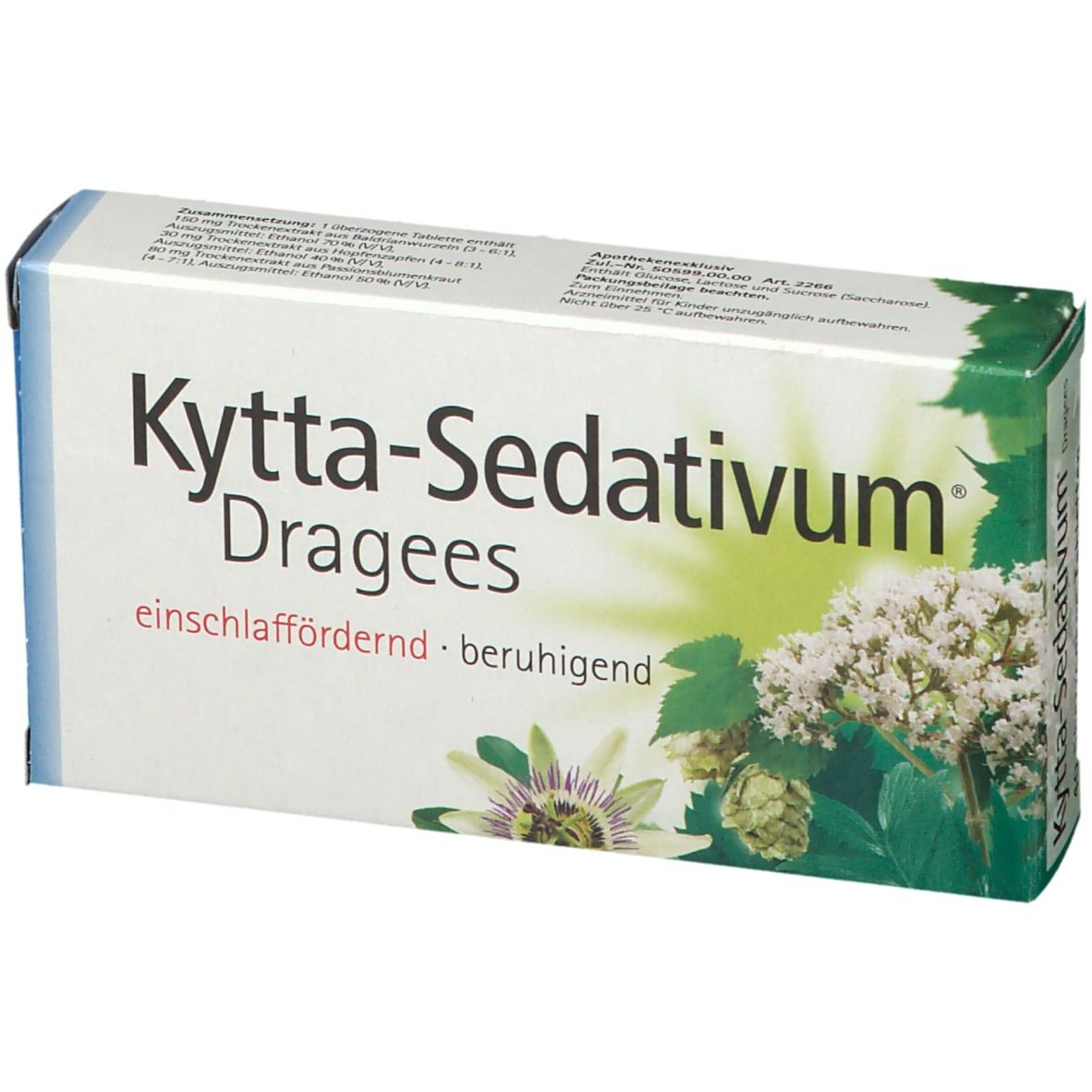 Kytta-Sedativum Dragees-Packung. Weiß, blau und grün. Schriftzug: Kytta-Sedativum Dragees, einschlaffördernd, beruhigend.