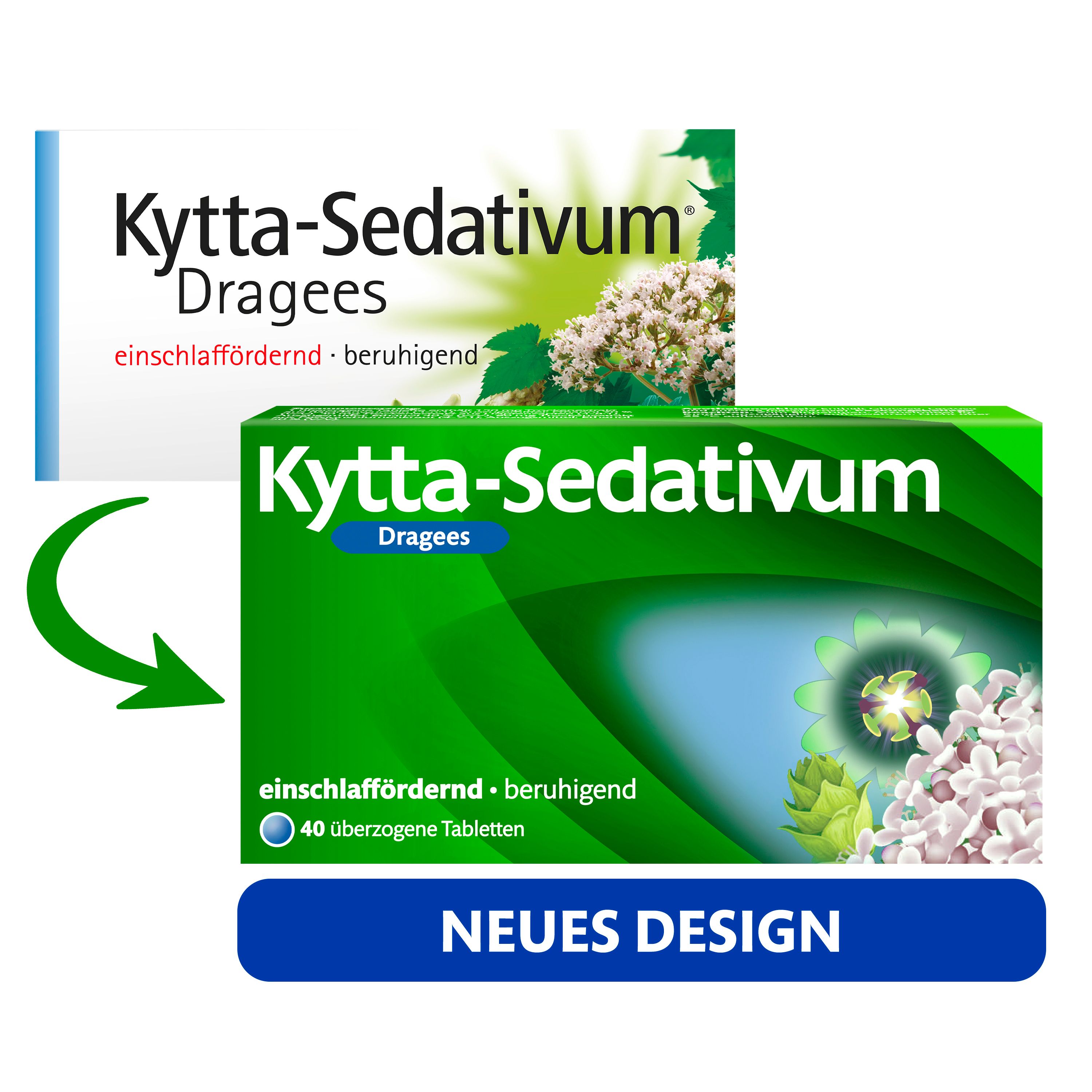 Zwei Packungen Kytta-Sedativum Dragees. Eine weiße Schachtel und eine grüne Schachtel mit floralen Illustrationen.