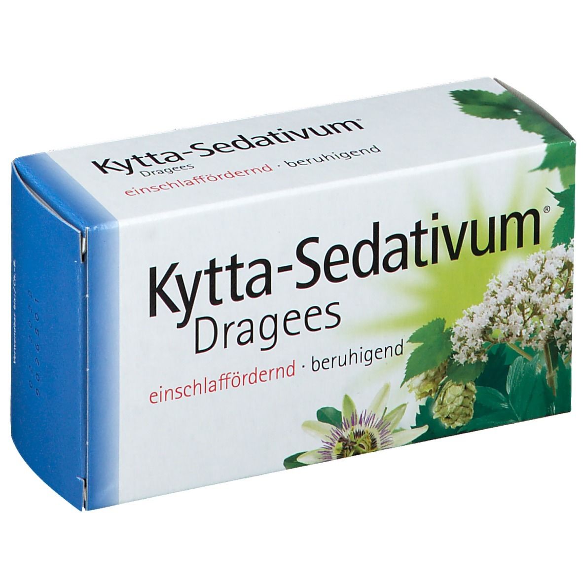 Kytta-Sedativum Dragees-Schachtel. Aufschrift: einschlaffördernd, beruhigend. Abbildung von Blüten und Blättern. Blaue Ecke.
