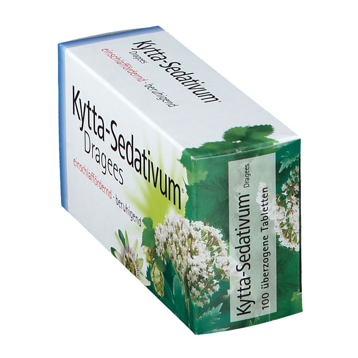 Kytta-Sedativum Dragees-Schachtel. Aufschrift: einschlaffördernd, beruhigend. Abbildung von Blüten und Blättern. 100 überzogene Tabletten.